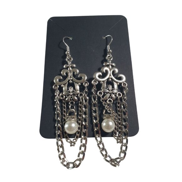 Silver Tone Dangle Earrings Ornate Design Chains Faux Pearl Accents Hook Back - Picture 5 of 7